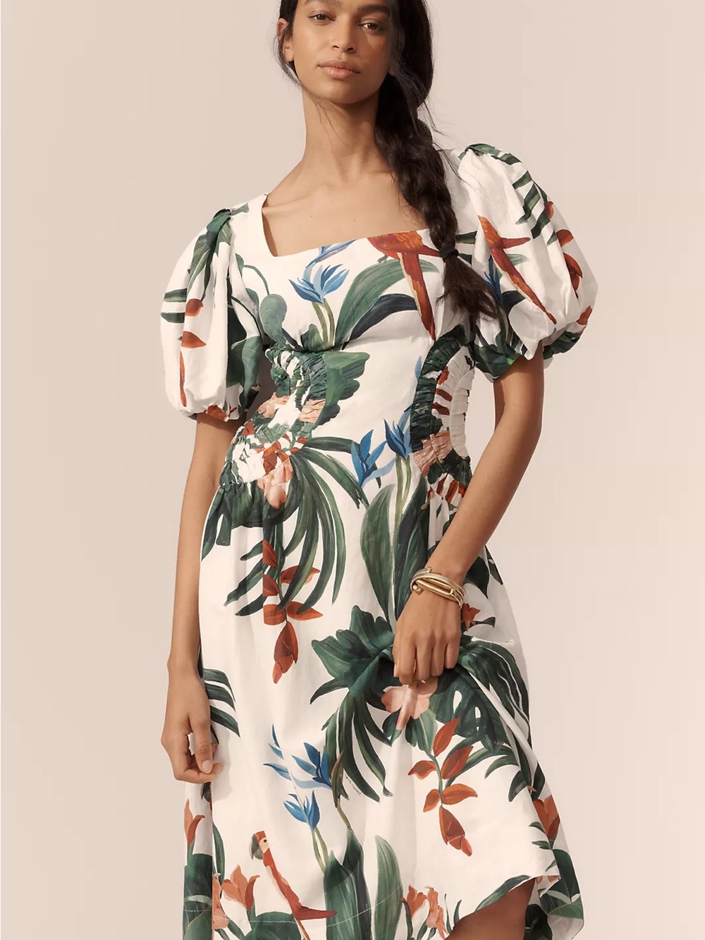 FARM Rio White Midi Dress with Green Tropical Leaves and Red Parrot Accents